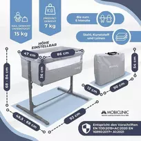 Mobiclinic® vaikiška lovelė, 2 in 1, Moon, tvirtinimo dirželiai prie lovos, 5 reguliuojami lygiai, transportavimo krepšys, su ratukais, kvėpuojantis tinklelis, reguliuojamas kampas, paminkštintas pagrindas