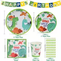 Hicoosee dino gimtadienio dekoracijos, dinozaurų vakarėlio stalo įrankių rinkinys 20 svečių, 100 vienetų vienkartinių stalo įrankių rinkinys su lėkštėmis, desertinėmis lėkštėmis, puodeliais, servetėlėmis, šiaudeliais, gimtadienio vakarėlio rinkinys vaikam