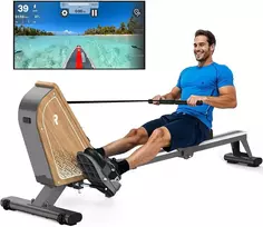 Vowvit Or3 irklavimo treniruoklis namams, magnetinis irklavimo treniruoklis su bluetooth monitoriumi, 16 pasipriešinimo lygių, kompaktiškas irklavimo treniruoklis su 160 kg svorio riba, vertikalus laikymas, smėlio spalvos