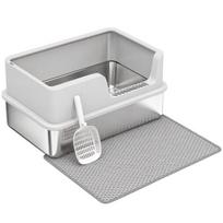 XL katės kraiko dėžė-tualetas, iš nerūdijančio plieno, su dangčiu, aukštais kraštais, iki 8 kg katėms