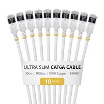 StarTech.com 30cm White Ultra Slim Cat6A Ethernet Cable, 10 Pack, Snagless, FTP, Pure Bare Copper Wire, 34AWG Ultra Slim RJ45 Network Patch Cord, Individually Tested
