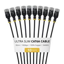 StarTech.com 30cm Black Ultra Slim Cat6A Ethernet Cable, 10 pack, UTP, Pure Bare Copper Wire, 34AWG Ultra Slim RJ45 Network Patch Cord, Individually Tested