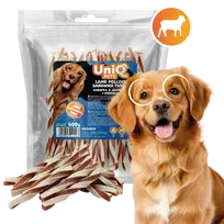 UniQ Pets – Lamb Pollock Sandwich Twists - Susukti skanėstai su Aliaskos poloku ir ėriena, 500 g