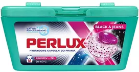 PERLUX skalbimo kapsulės juodiems ir džinsiniams audiniams, 18 vnt. Dėžėje 12 pakuočių.