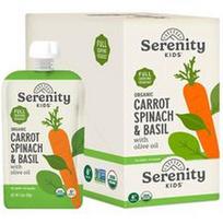 Serenity Kids, Ekologiškas morkų, špinatų ir bazilikų pašaras su alyvuogių aliejumi, nuo 6 mėnesių, 6 pakeliai po 99 g