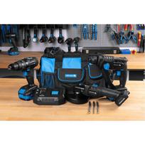 Hogert įrankių rinkinys HT2E301-CONSTRUCTION-SET, 18V, 50Nm, 125mm, 2x4Ah, 4A, smūginis gręžtuvas, kampinis šlifuoklis