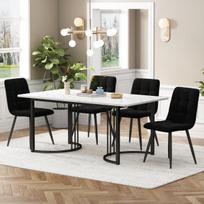 Valgomojo komplektas 5 dalių, stalas 140x80 cm, 4 kėdės, MDF stalviršis, juodos kojos, aksominės juodos kėdės