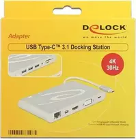 „USB 3.1 Type-C į DP+HDMI+VGA+LAN 4k 30Hz sidabrinė Delock doko stotis“