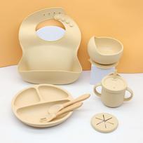 7pcs baby silicone tableware set, bib, dining plate, bowl with suction cup, 2-in-1 water cup, snack cup, wooden spoon and fork beige