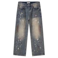 Jeep Graffiti American Vintage Splash Stain Design High Street Loose Straight Leg Floor Length Wide Leg Casual Commuter Jeans Unisex jeans P755MWNQ90 3XL gray