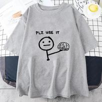 New Unisexs Casual Graphic Tee Plz Use It Cartoon Brain Design Short Sleeve Crew Neck Relaxed Fit for Summer Unisex Unisex TShirts S gray