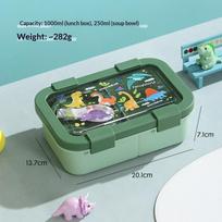 1000Ml Portable Cartoon Bento Lunch Box With Soup Bowl Buckle Design Sealed Leak Proof Food Storage Container žalia