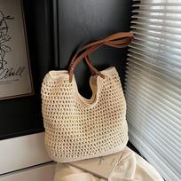 1Pcs Handmade Woven Straw Tote Bag Hollow Crochet Shoulder Bag Leather Strap Large Capacity Beach Handbag For Travel Shopping black