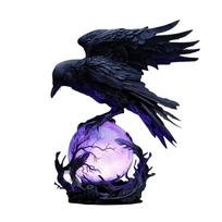 Varno Mėnesiena  Gotikinė LED Lempa – Paslaptingas Varnas Ant Šviečiančio Rutulio Skulptūra, 3D Tuščiaviduris Žibintas Su Violetine Šviesa black
