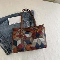 Vintage Patchwork PU Leather Casual Tote Bags For Women  Large Capacity Shoulder Bag Ladies Handbags And Purses 36x25x12cm black