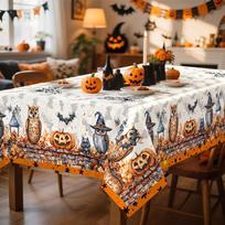 Halloween and All Souls' Day tablecloth, white decoration, owl, pumpkin and bat patternszyc Circle150X150cm black