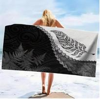 Maori Tribal Feather Beach Towel, Microfiber Sand Free Quick Dry Black & White Polynesian Print Soft Absorbent for Summer & Pool 70X140cm