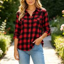 Women's Casual Plaid Collared Long Sleeve Shirt Loose Fit Pocket Top for Everyday Wear M red