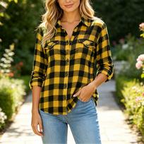 Women's Casual Plaid Collared Long Sleeve Shirt Loose Fit Pocket Top for Everyday Wear M brown