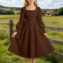 Girls' Elegant Square Neck Long Sleeve Midi Dress with Cinched Waist for Party and Everyday Wear 140 black