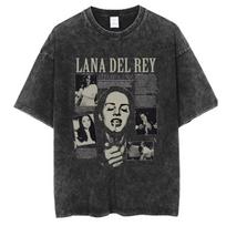 Singer Lana Del Rey Washed T-Shirt Harajuku Men  Retro Short-Sleeve Fashion T-Shirts Oversized Cotton Tees Streetwear L black