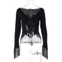 European Style Women's Low-Cut V-Neck Tassel Crop Top - Summer 2026 Collection black