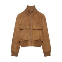 Women Vintage Brown Faux Suede Leather Jacket Stand Collar Flap Pocket Zipper Casual Autumn Winter Jacket Coat Outerwear S kupranugaris