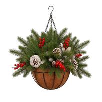 Christmas Hanging Basket Planter with, Needles and Red Berries, Semi-Circular Tree Design, Holiday Decoration One Size