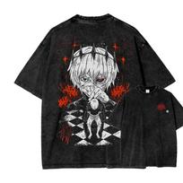 Ken Kaneki Print T-shirt Anime Tokyo Ghoul Clothing Men Women Short Sleeve Tshirts Retro Washed T Shirt Harajuku Male Cotton Top S black