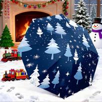 Folding Umbrella Winter Christmas Trees Snowflake Pattern on Navy, Holiday Rain Canopy for Kids Women One size white