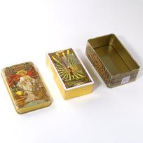 Auksinė Art Nouveau Taro kaladė skardinėje dėžutėje su paauksuotu kraštu, skirta ateities spėjimui auksas