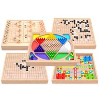 Premium Wooden Children's Multi-purpose Checkers Backgammon Games Chess Puzzle -Five in one beige
