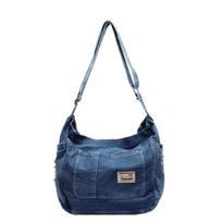 Vintage Wash Blue Denim Tote Bag With Zipper Closure For Casual Outings mėlyna