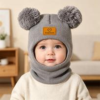 Xiaomi 1PC Cute Bear Pom Pom Baby Knit Balaclava Hat, Windproof Ear Protection Infant Beanie for Autumn Winter Daily Outdoor 0-3Y gray