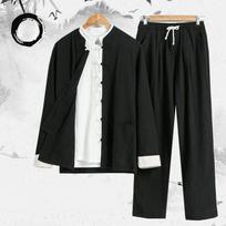 Kinų tradicinis Tang Kung Fu uniformos rinkinys Retro laisvalaikio medvilnės ir lino drabužių komplektas vyrams L black