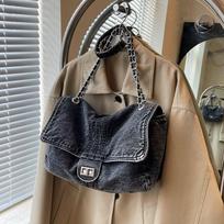 Chic Denim Tote Bag - Spacious & Secure with Turn-Lock Flap and Chic Chain Detail - Perfect Stylish Underarm Accessory black