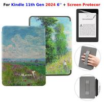 Dėklas Kindle 11-os kartos 6 colių su rankenos dirželiu + Ekrano apsauga PU odos dangtelis Automatinis budėjimas/Miego režimas 6 colių RS23CV Funda Kindle 11th Gen 2024
