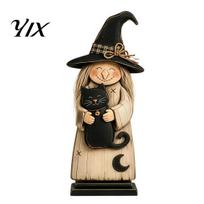 Rustic Wooden Witch Craft for Desk Ornament, Retro Halloween Figurine with Broom/Pumpkin/Black Festival Atmosphere Decorative Accents Cat, Creative