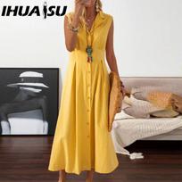 IHUASU A formos suknelė Elegantiška grožio ponios suknelė Vienspalvė ilga suknelė su plačiu apatiniu kraštu XXXL geltona