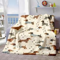 2026 New Arrivals Luxurious Soft French Style Dachshund Print Flannel Blanket Beige with Blue Stripes & Polka Dots, AntiTear AllSeason Quilted Throw f 150X200CM