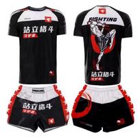 Boxing Muay Thai Training Set Quick Dry Compression T-Shirt Fight Shorts Gym Running Martial Arts XXL black