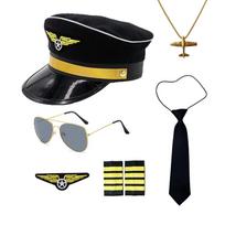 Vaikų piloto kostiumų rinkinys: Skrybėlė, Akiniai, Kaklaraištis, Aksesuarai vaidmenų žaidimui ar vakarėliui. 56 Adjustable black