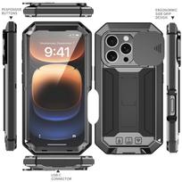 Karinis tvirtas metalinis dėklas iPhone 13 14 15 16 17 Pro Max, su slankiojančiu kameros dangteliu, integruotu ekrano apsauginiu stiklu, hibridinis viso korpuso apsauginis dėklas iPhone 16 Pro Max juoda