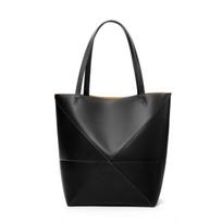 Puzzle folding full cowhide large capacity shoulder tote bag retro temperament geometric splicing folding bucket bag gray