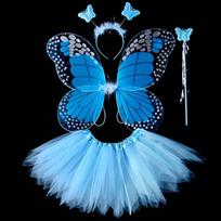 Adult Kids 3/4Pcs Fairy Costume Set Simulation  Wings Skirt Headband Wand Princess Girls Party Dress Up Halloween Gift blue