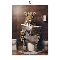 Juokingas vonios kambario humoras Sienų dekoras Liūtas Leopardas Tigras Sėdintis ant tualeto Skaitantis laikraštį Plakatas Meno spaudinys Drobės tapyba 30X40cm No Framed black