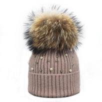 Skrybėlė Minkštos vilnos pupelės Moteriškos Tikras Natūralus Kailis Pom Poms Mados Perlų Megztos Skrybėlės Merginos Moteriškos Beanie Cap Pompom Žieminės kepurės moterims J brown
