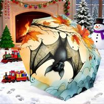 Windproof Umbrella Black Bat Autumn Maple Leaves Moon Watercolor Print, Fall Rain Canopy for Women One size white