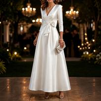 Women's Satin Evening Dress V-Neck 3/4 Sleeve with Cinched Waist for Formal Events XXXL