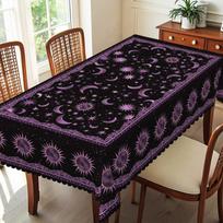 Mystic Tarot Astrology Round Tablecloth Black with Iridescent Purple Star Moon Print Embossed Edge for Divination and Home Decor Round (180)Cm